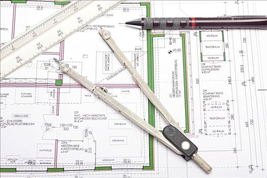 项目,计划,施工图,圆规,机械,铅笔,尺子