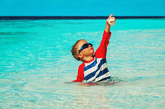 高兴,小男孩,游泳,热带,热带沙滩,家庭,海滩