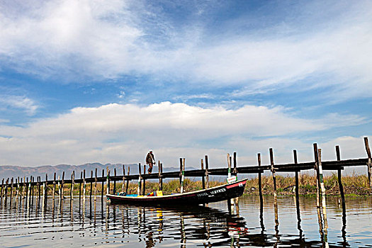 男人,码头,小,乡村,茵莱湖,缅甸