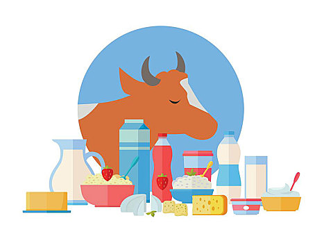 牛奶,制作,旗帜,传统,乳制品,不同,背景,母牛,自然,农场,食物,概念,种类,矢量,插画,风格