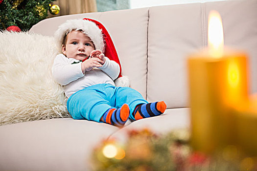 可爱,男婴,沙发,圣诞节