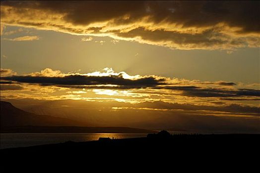 日落,海岸,峡湾,冰岛