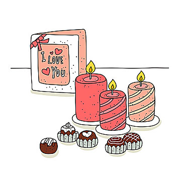 插画,情人节,卡片,杯形蛋糕,蜡烛