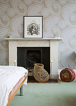 时代特征,壁炉,卧室,巨大,佩斯利螺旋花纹,图案,壁纸