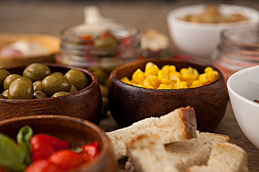 橄榄,玉米,碗,成分,桌上
