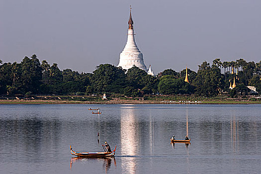 陶塔曼湖,木质,船,塔,后面,阿马拉布拉,分开,曼德勒,缅甸,亚洲
