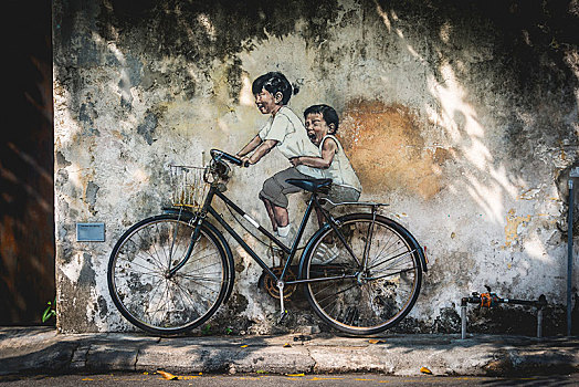小,孩子,自行车,壁画,立陶宛人,艺术家,乔治市,节日,亚美尼亚人,街道,槟城,马来西亚,亚洲