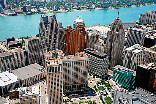 俯视,市区,底特律,河滨地区,背景