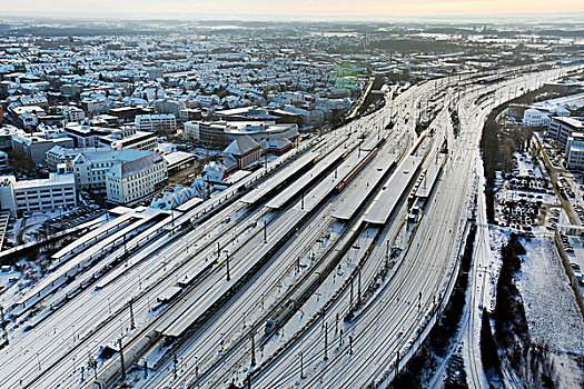 俯视,积雪,冬天,哈姆,中心,车站,鲁尔区,北莱茵威斯特伐利亚,德国,欧洲