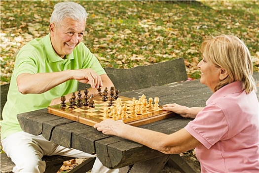 高兴,老年,夫妻,玩,下棋,公园长椅