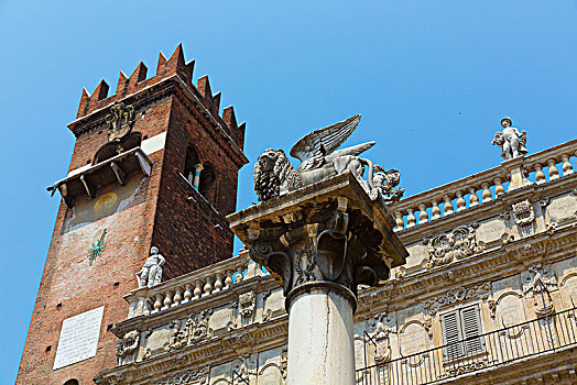 威尼斯,柱子,狮子,石狮,圣马科,邸宅,广场,维罗纳,威尼托,意大利,欧洲