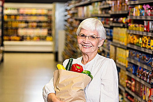 头像,微笑,老年,女人,杂货袋,超市