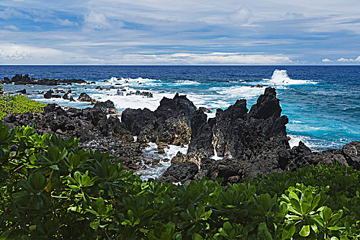 海浪,火山岩,石头,岸边,公园,哈玛库亚海岸,夏威夷,美国