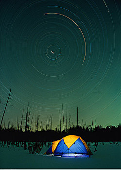 营地,冬天,星迹,夜晚,加蒂诺公园,魁北克,加拿大
