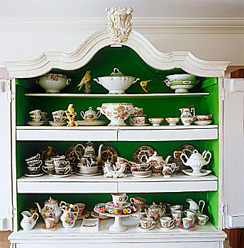 客厅,18世纪,房子,荷兰,收集,斯坦福德郡,瓷器,展示,老式,柜橱,涂绘,鲜明,绿色,白色