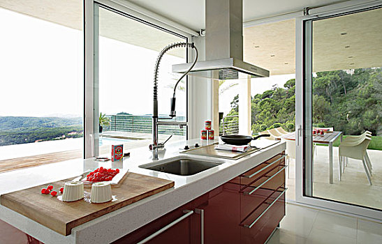 风景,红色,厨房操作台,玻璃,墙壁,屋顶,平台