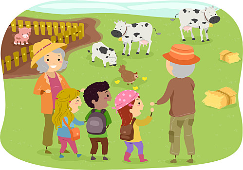 家庭,农场,插画,群体,儿童,旅游,祖父母