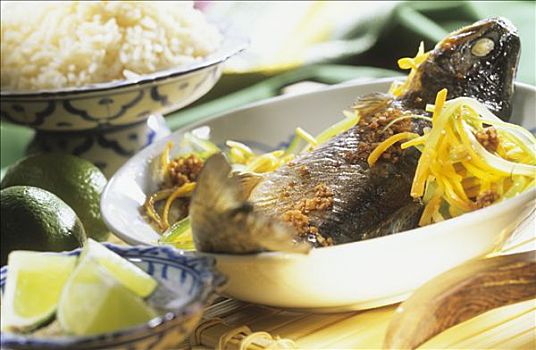 泰国,鲑鱼,箔,盘子,柠檬,米饭