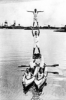 特技,建筑,金字塔,两个,划艇,水,20世纪30年代,汉堡市,德国,欧洲