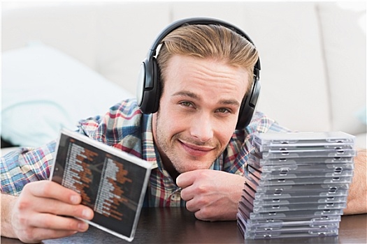 一个,男人,耳机,听,cd