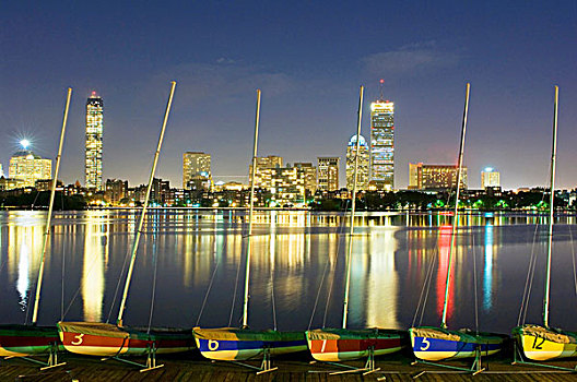 船,波士顿,天际线,美国