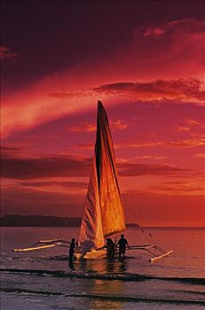 菲律宾,长滩岛,传统,舷外支架,帆船,彩色,日落