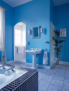 现代,浴室,蓝色,墙,图案,砖瓦,围绕,盥洗池,玻璃砖,墙壁,地砖