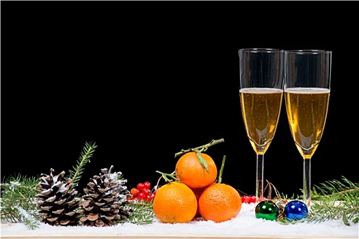两个,玻璃杯,香槟,圣诞装饰