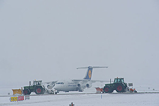 雪,冬天,拖拉机,飞机,加空,汉莎航空公司,慕尼黑机场,巴伐利亚,德国,欧洲
