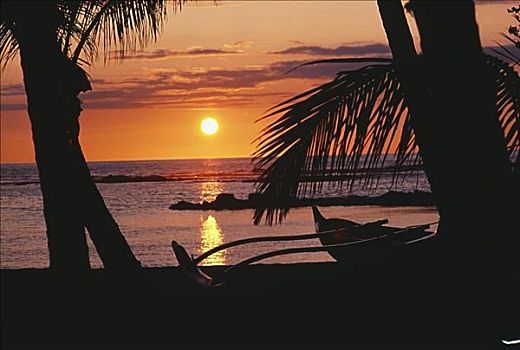 夏威夷,毛纳拉尼,海滩,酒店,海洋,日落,舷外支架,独木舟,休息,热带沙滩