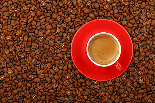 浓咖啡,红色,杯子,碟,咖啡豆
