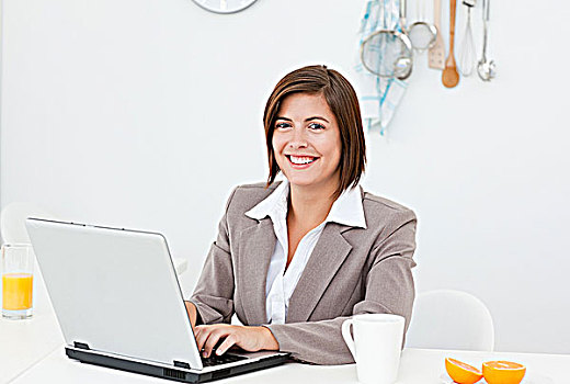 微笑,职业女性,工作,笔记本电脑,在家