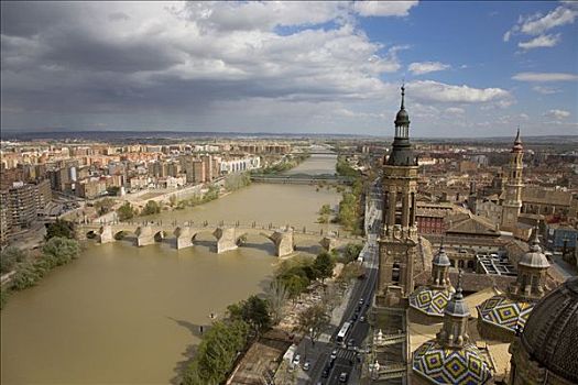 俯视,城市,埃布罗河,大教堂,萨拉戈萨,2008年,省,阿拉贡,卡斯提尔,西班牙,欧洲