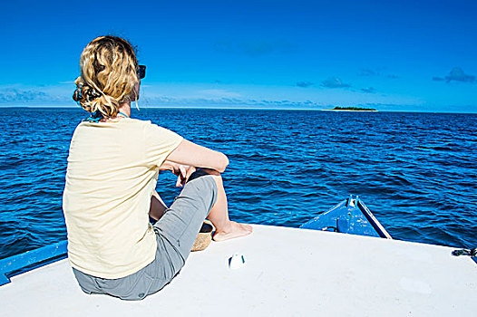 坐,女人,小,摩托艇,岛屿,汤加,南太平洋