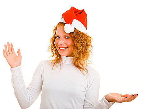 年轻,红发,女人,戴着,红色,圣诞节,帽子