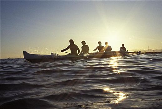 夏威夷,独木舟,桨手,日落,剪影