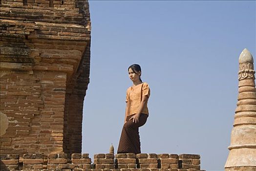 孩子,缅甸,女人,屋顶,庙宇,蒲甘,东南亚