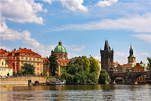 风景,著名,查理大桥,上方,伏尔塔瓦河,美女,蓝天,白云,布拉格,捷克共和国