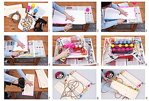 指示,制作,木质,彩色,涂绘,珠子,木板,绳索