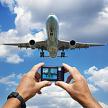 拿着,数码,相机,摄影,大型客机,喷气式飞机,降落,机场,多伦多,安大略省,加拿大