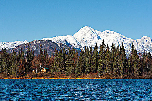 景色,山,麦金利山,湖,晴天,德纳里峰,州立公园,阿拉斯加,秋天