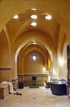 摩洛哥,玛拉喀什,室内,土耳其浴,旅游,黄色,拱道