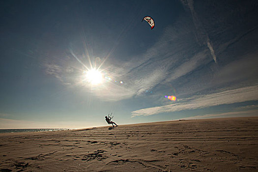 孤单,风筝冲浪手,沙滩,海滩,日落,风筝,龙,空中,哥斯达黎加,赫罗纳,西班牙,欧洲