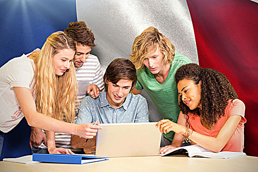 合成效果,图像,大学生,使用笔记本,图书馆,电脑合成,法国人,国旗