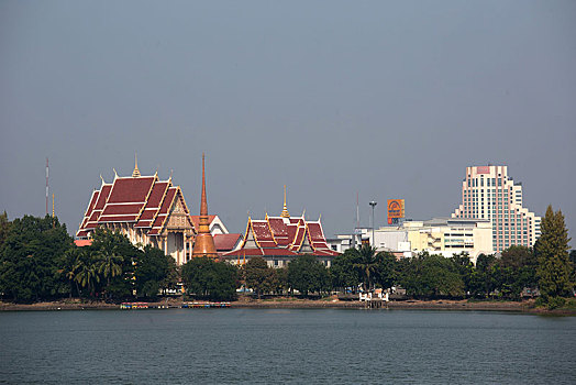 风景,上方,湖,寺院,酒店,泰国,亚洲