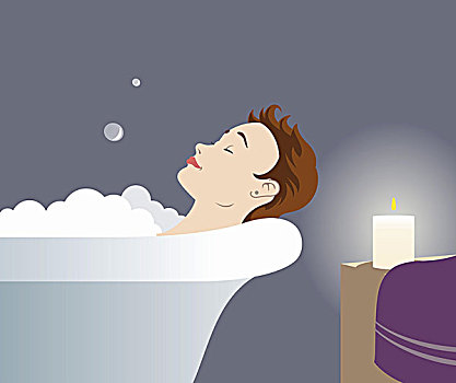 女人,短发,浴缸,放松,烛光