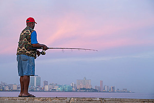 古巴,哈瓦那,一个,男人,捕鱼,湾,黎明