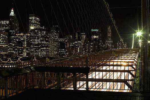 布鲁克林大桥,曼哈顿,天际线,夜晚,纽约