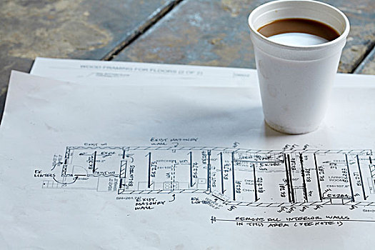 家装,静物,蓝图,泡沫塑料,咖啡杯