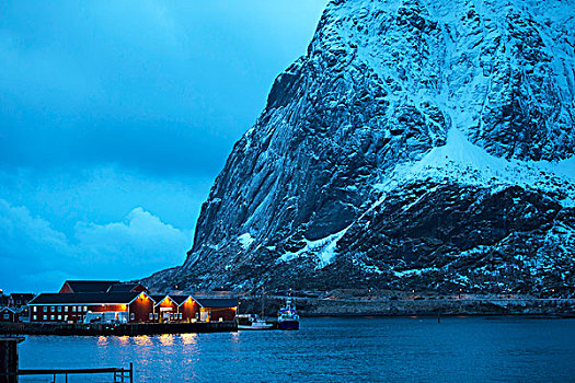 瑞恩,渔村,黄昏,挪威